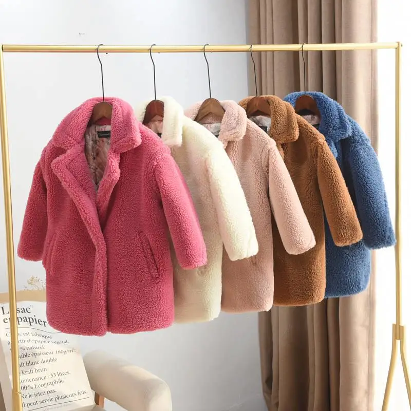 2024 Children Sheep Shearling Cardigan Coat Kids Girl Thick Casual Long Jacket Teen Girl Faux Fur Warm Outerwear Clothes Q470