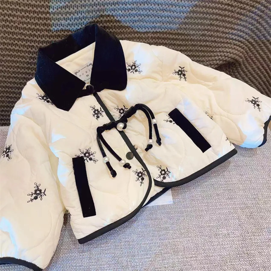 

﻿Winter Girls' Chinese-Style Embroidery Cotton Coat Vintage Single Breasted Laple Jacket Kids Warm Cotton-Padded Outerwear