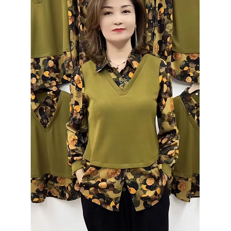 

Fashion Lapel Spliced Printed Fake Two Piece Blouse Women's Clothing 2023 Winter New Oversized Casual Pullovers All-match Shirt