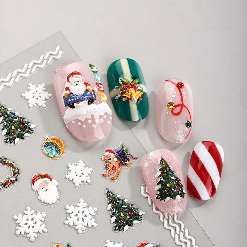 Cute 5D  Festive Christmas Nail Art Stickers Set Self-Adhesive,Disposable Decals Reindeer Xmas Tree Designs Cute