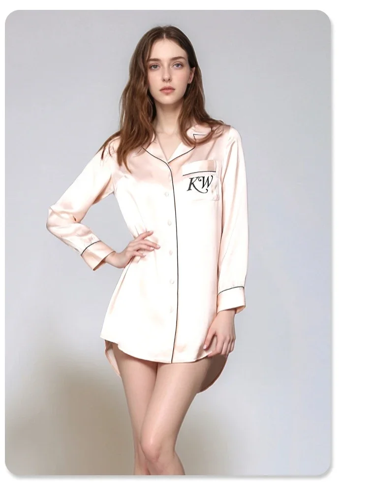 

100% Mulberry Silk Cardigan Nightdress Long-sleeved Chemise Nightdress Lapel Shirt Dress Pajama Casual Sleepshirts Sleepwear PJS