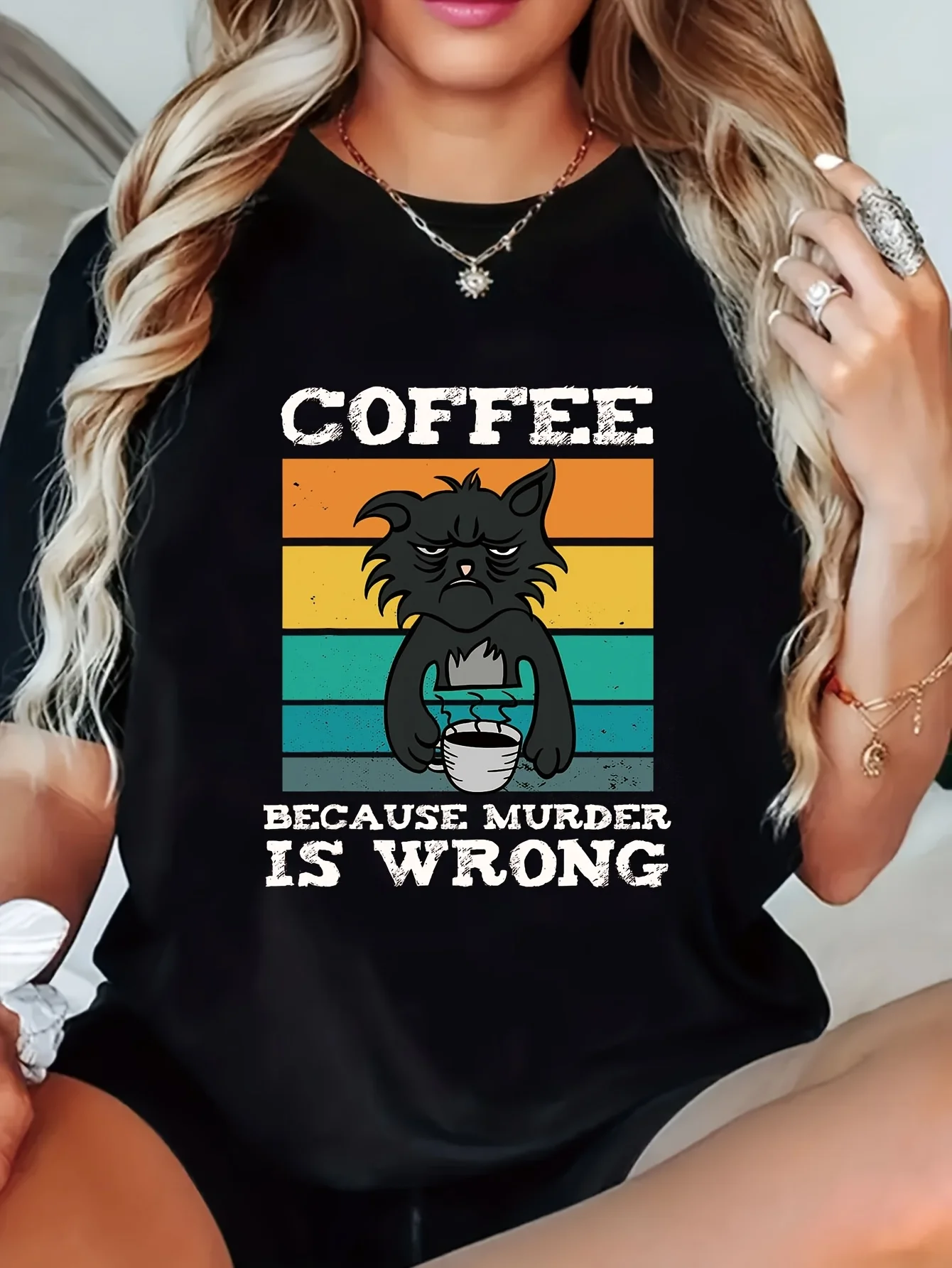 Women Casual Coffee Lover Graphic Tshirt COFFEE BECAUSE MURDER IS WRONG Short Sleeve Round Neck Lightweight Breathable
