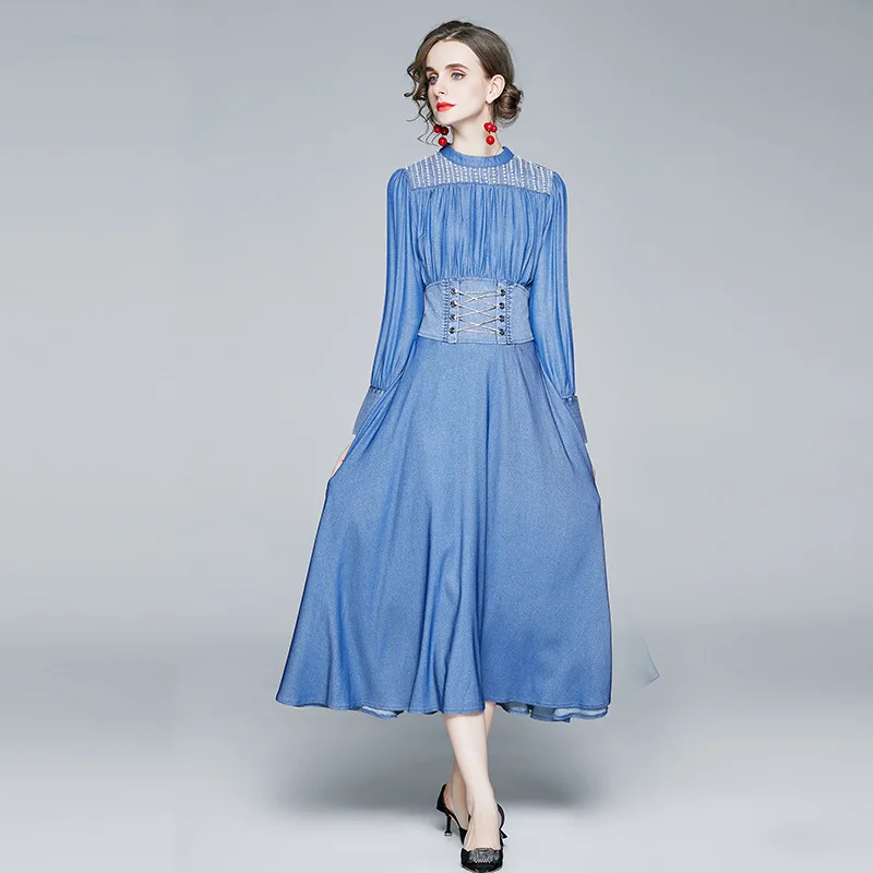 Temperament Denim dress women 2024 spring and autumn small vertical collar beads high waist pleated long-sleeved Dresses 24024