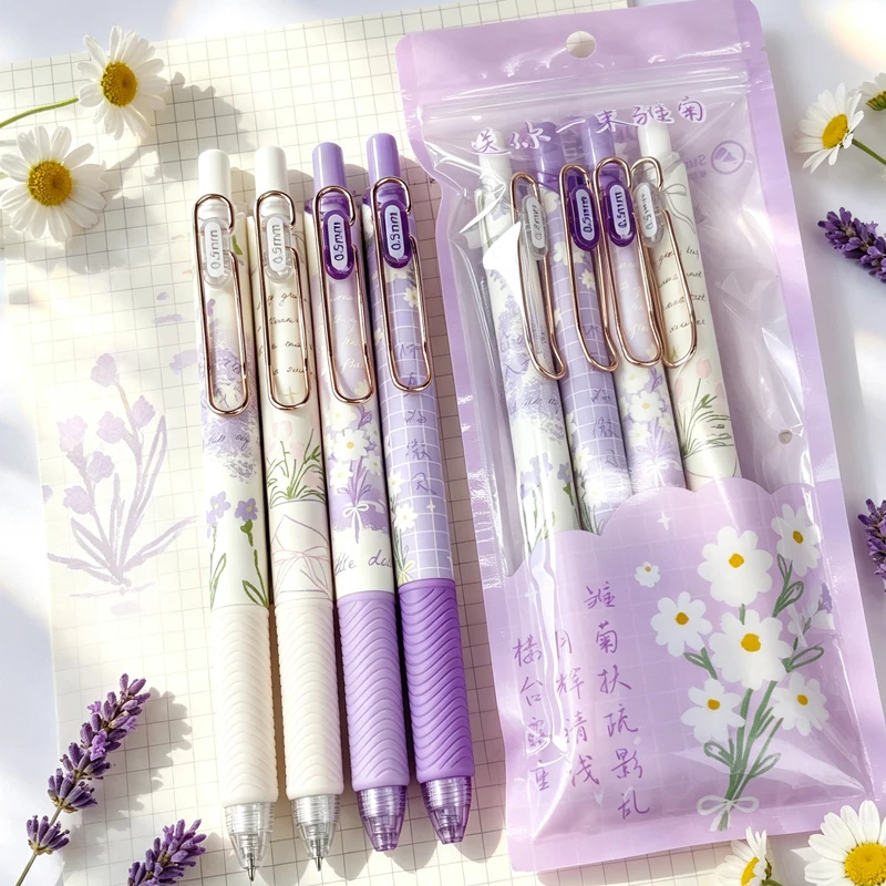 Correction Pen Fine - 4本セットのかわいい花柄ゲルペン、リトラクタブルゲルペン、0.5mm速乾性黒インクペン、かわいいペン、細字ペン、スムーズな書き心地のペン