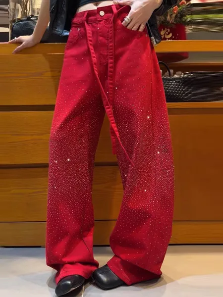 

Весна 2026: Женские джинсы с высокой талией, свободного кроя, с эффектом похудения, украшенные красными стразами, повседневные широкие брюки из денима, комфортная посадка