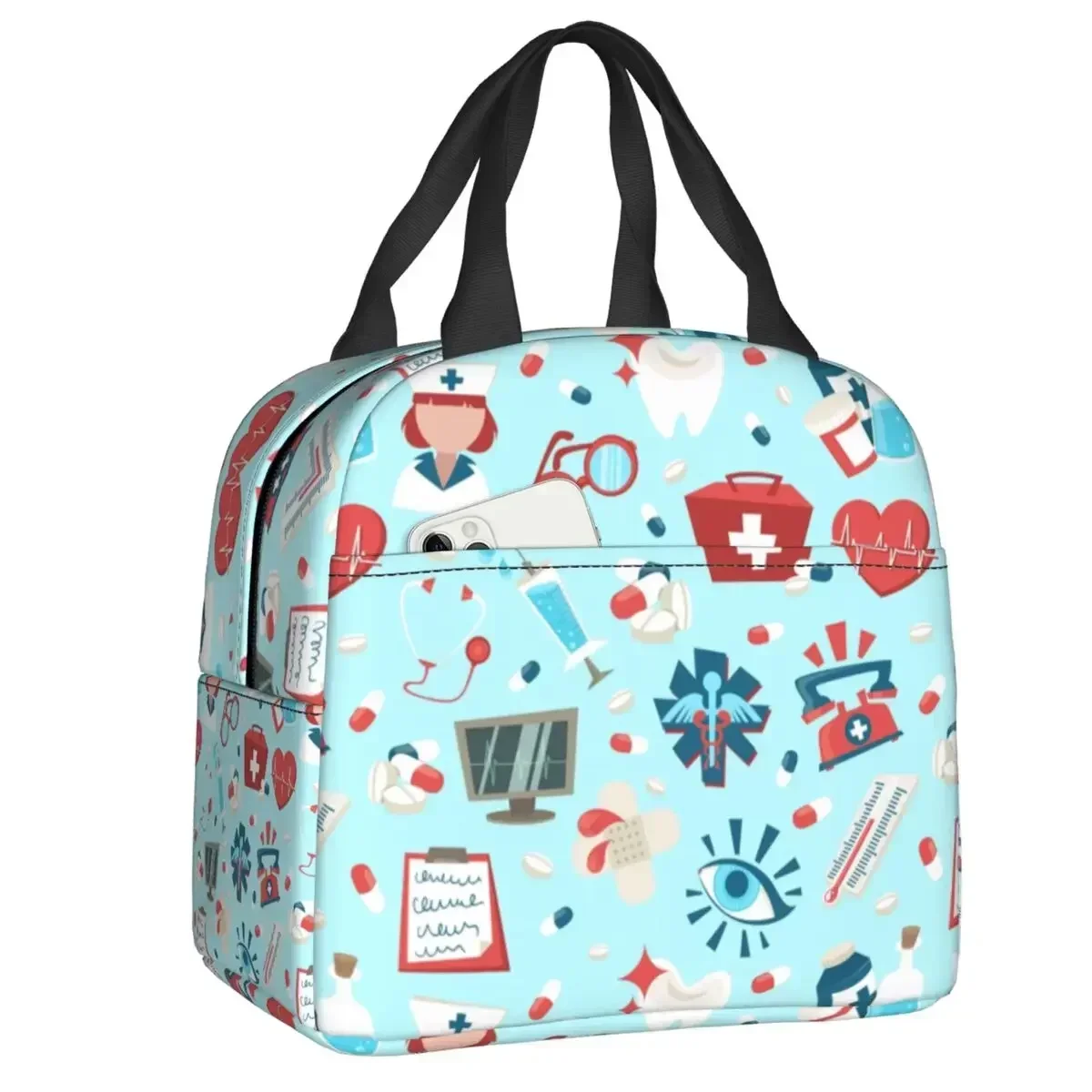 Nurse Pattern Thermal Insulated Lunch Bag Health Care Nursing Resuable Lunch Tote for Kid School Children Multifunction Food Box