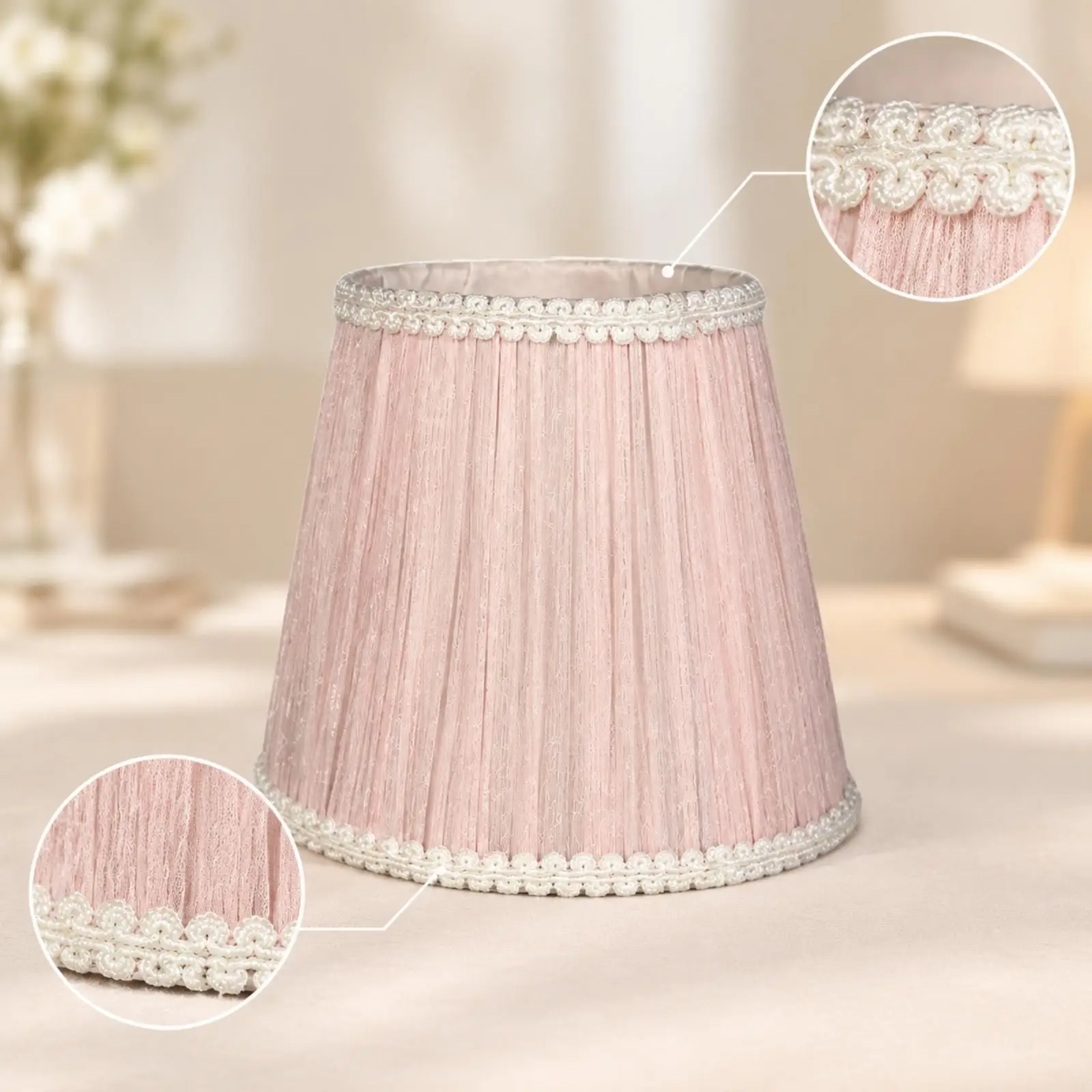 Fabric Fringe Lampshade for E27 Lamp Base Pleated Tapered Shade with Decorative Trim for Bedside Nightstand Living Room Warm
