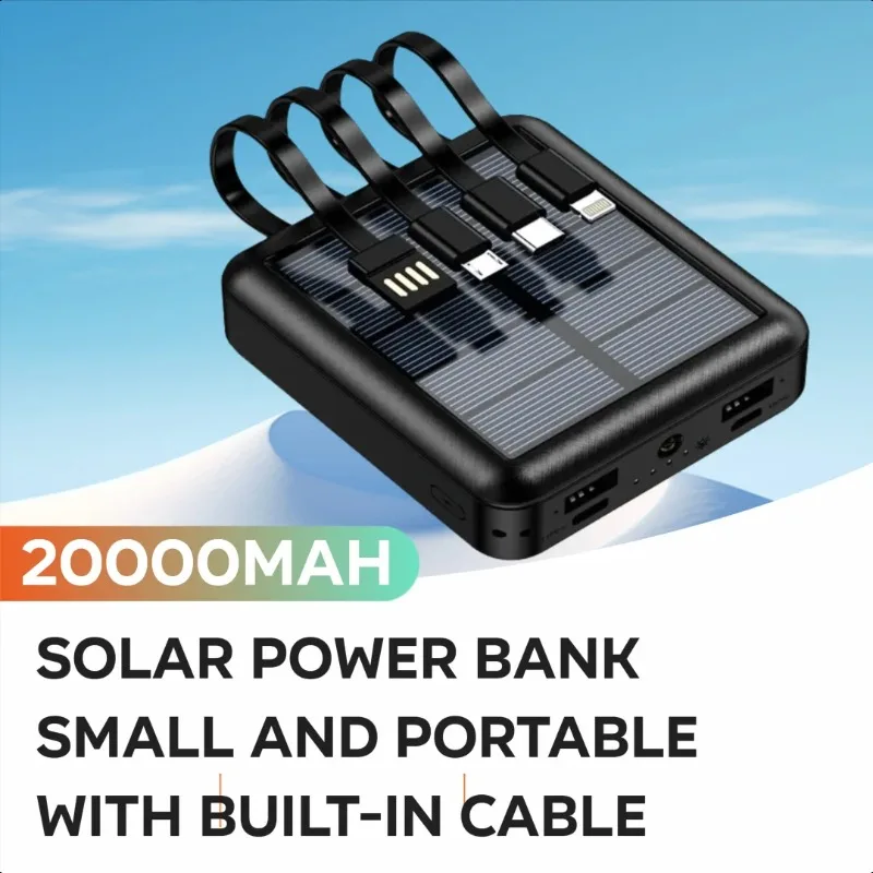 

New 20000mAh Solar Power Bank Small and Portable with Built-in Cable