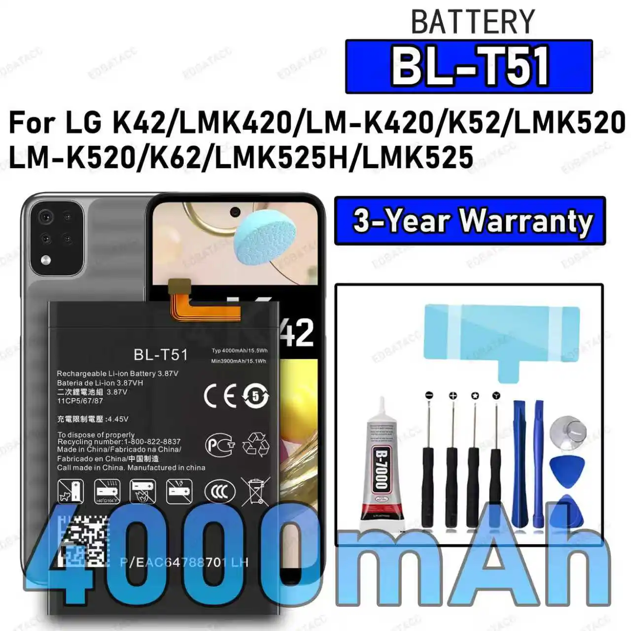 

100% New High Quality BL-T51 Battery For LG K42/LMK420/LM-K420/K52/LMK520/K62/LMK525 Replacement Battery Bateria+Free Tools
