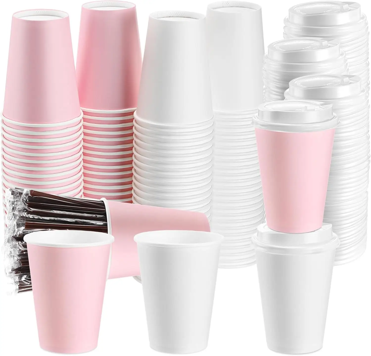 

100 комплектов розовых одноразовых кофейных чашек с крышками и соломинками, 12 унций, бумажные розовые чашки с бантиком, рукава для вечерние напитков Mother's Da