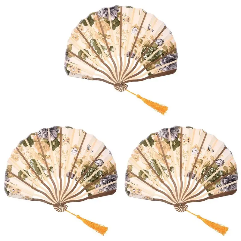 

НОВИНКА-3X Классический складной танцевальный веер из ткани с пионами и бамбуковой ручкой, бежевый