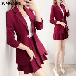 Blazer sem forro feminino e minissaia, saias plissadas, saia linha A, terno fino, elegante, roupas de primavera, outono, coreano, conjunto 2 peças