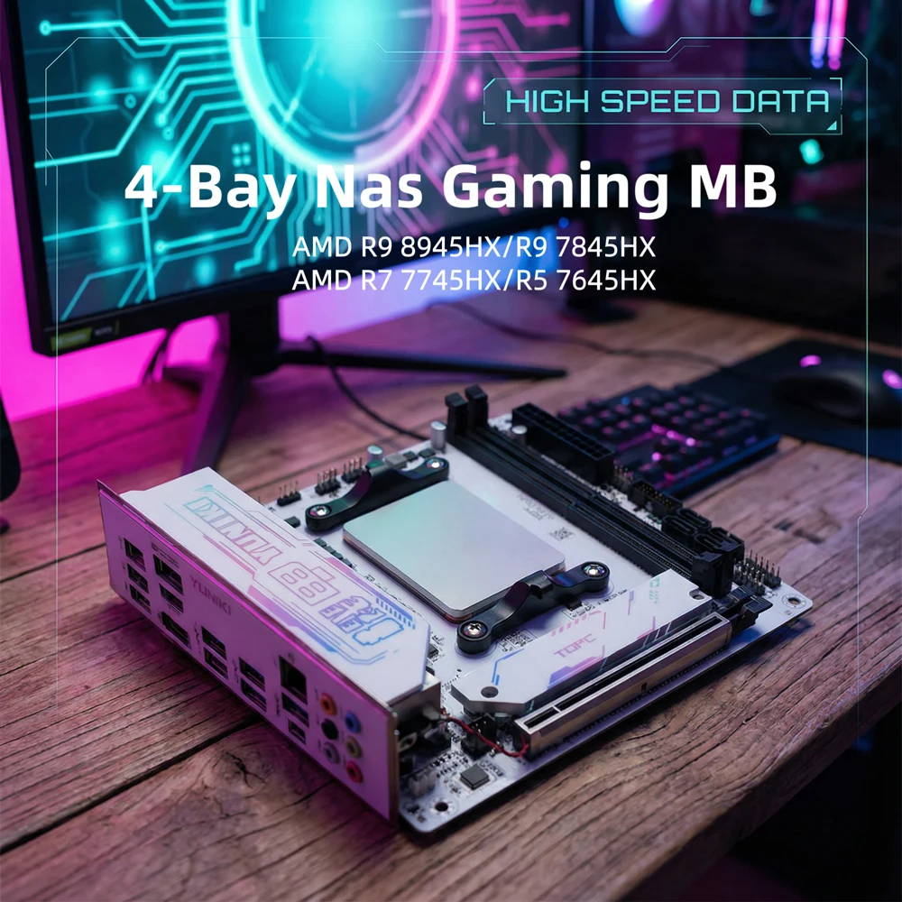 

Лучшая материнская плата NAS с 4 отсеками AMD Ryzen 9 8945HX R7 7745HX Mini ITX Игровая материнская плата малой мощности 2 * M.2 NVMe 4 * SATA PCIe4.0X16 2,5GLAN