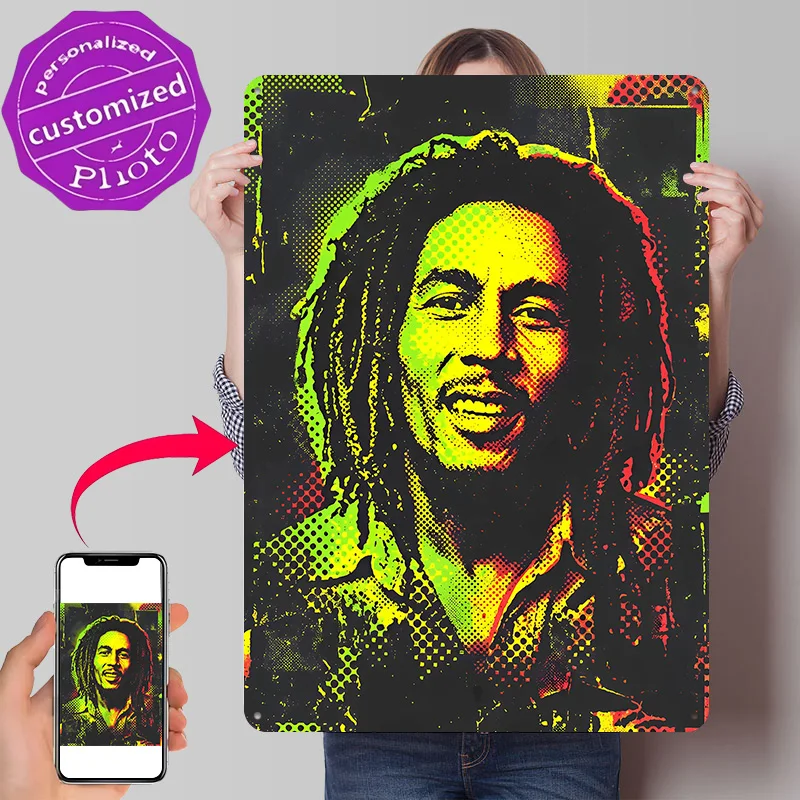 Bob Marley Pop Art Portrait Poster Retro 3D Printed Metal Signs Customized Wall Hanging Gift for Living Room Decoration Items