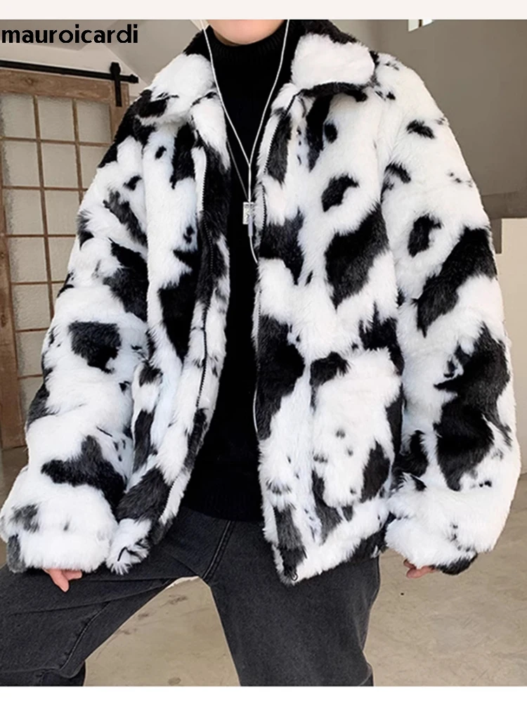 Mauroicardi Autumn Winter Colorful Thick Warm Soft Cow Print Hairy Faux Fur Coat Men Turn-down Collar Zipper Fluffy Jacket 2024