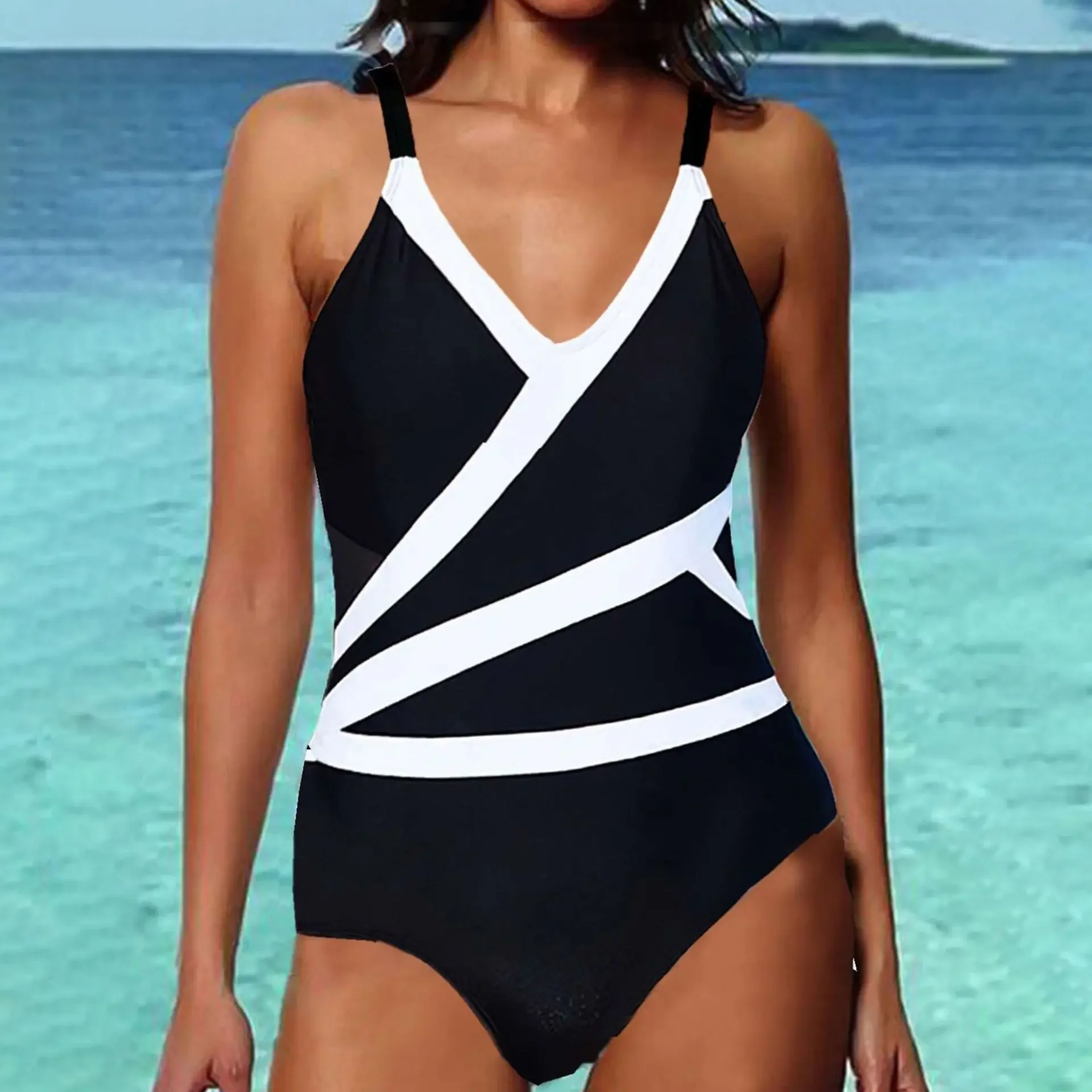 เซ็กซี่ Splicing ลาย Halter บิกินี่ผู้หญิงเอวสูงใหม่ One-piece ชุดว่ายน้ําชายหาดฤดูร้อนวันหยุดบิกินี่ชุดว่ายน้ํา