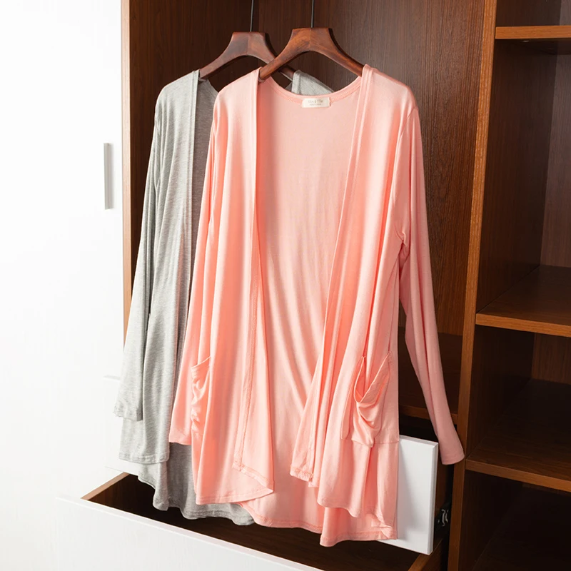 Thin Modal Cotton Shoulder Wrap Women's Spring Summer Medium Length Outerwear Open Cardigan  Color Long Sleeve Sun Prote...