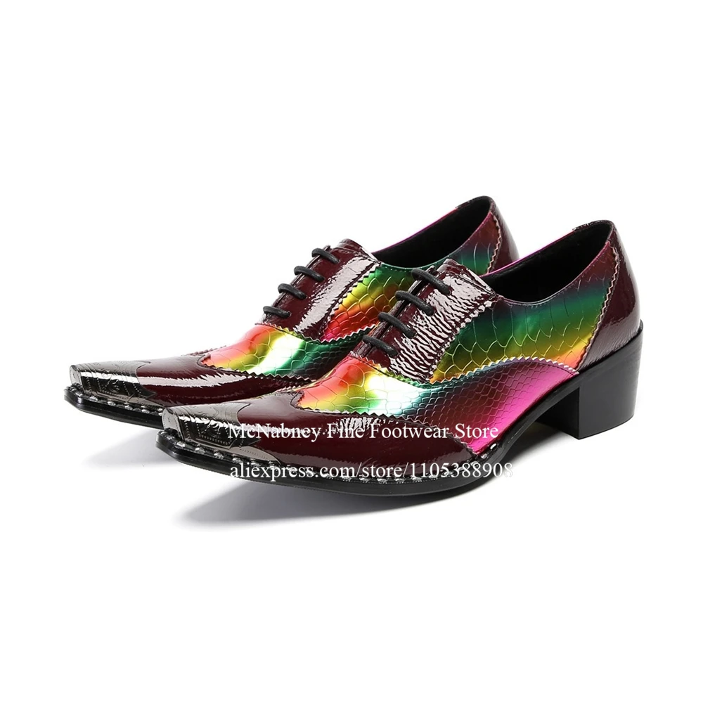 Burgundy Leather Rainbow Snake Print Oxfords Metal Pointed Toe Lace up Block Heel Handmade Men Dress Shoes Wedding Business