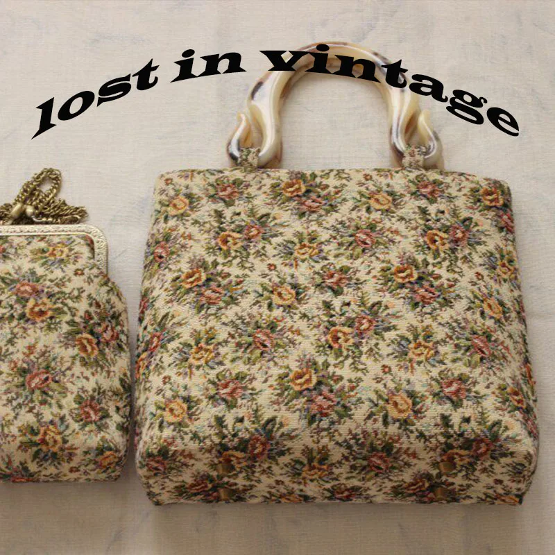 Lost in Vinatge 25x25x8cm Rose Jacquard Blanket Fabric  Jacquard Embroidered Flowe Hawksbill Resin Handle Handbag  Plus Bag