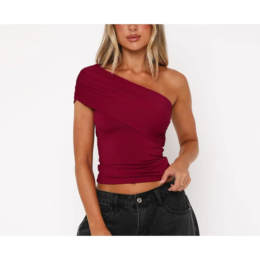 TWOTWINSTYLE Solid Slimming T Shirts for Women Slanted Collar Sleeveless High Waist Temperament T Shirt Female Fashoin