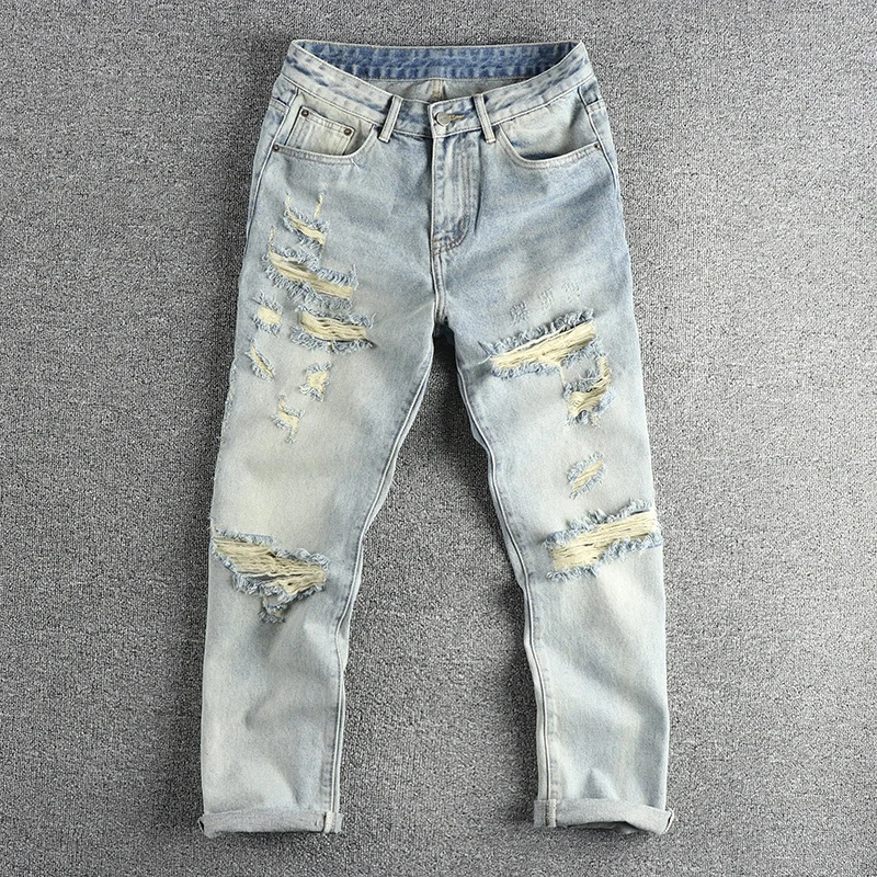 

Retro Style Men's Jeans Destroyed Straight Leg Loose Fit Casual Pants Heavy Distressed Hole Design High Street Fashion