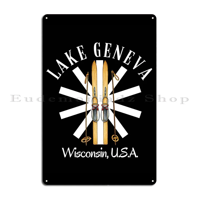 Vintage Style Lake Geneva Wisconsin Antique Skis Snowflake White Metal Plaque Design Club Design Create Custom Tin Sign Poster