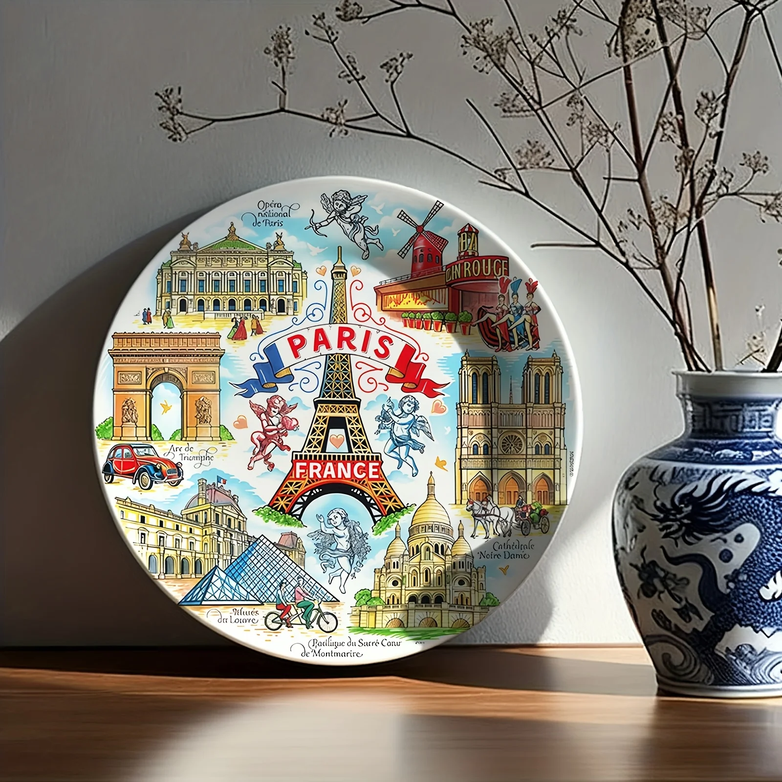 One-Piece Decorative Plate Featuring Elements of The Eiffel Tower, Moulin Rouge, And Notre Dame, Designed As a Non- Contact