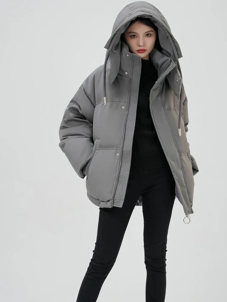 

Winter Cotton Padded Puffer Parka Women Thick Warmer Loose Hooded Jacket Long Sleeve Pocket Zipper Coat Outerwear Female