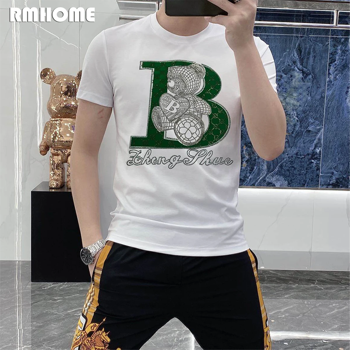 New Style T-shirt B Letter Hot Rhinestone Bear Short Sleeve Tees Casual Top Fashion Young Trend High-quality Male Clothes M-7XL