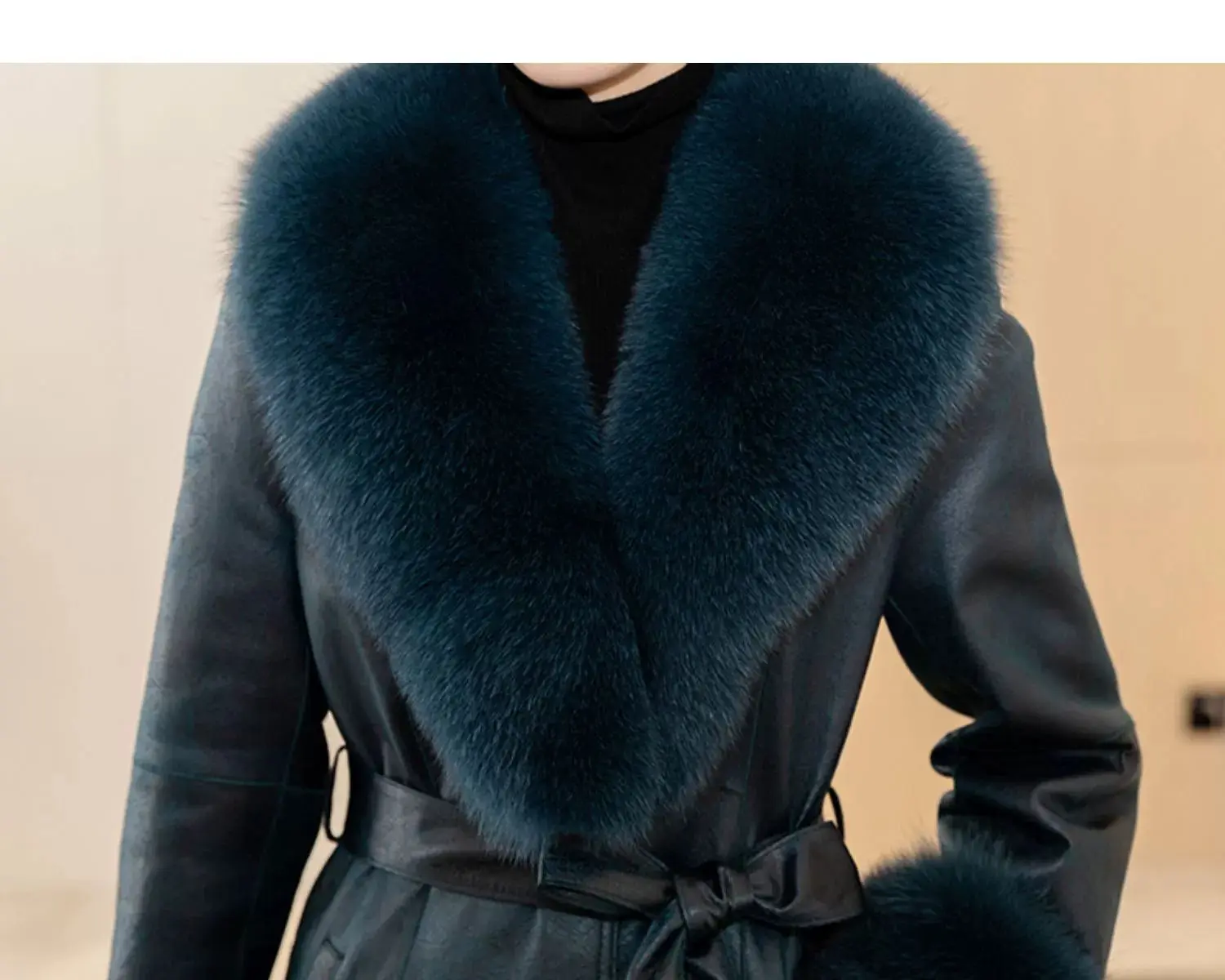 2023 New Rabbit Fur One Piece Coat for Women Mid length Fox Fur Collar Lace up Slim Fit Haining Fur Coat for Women