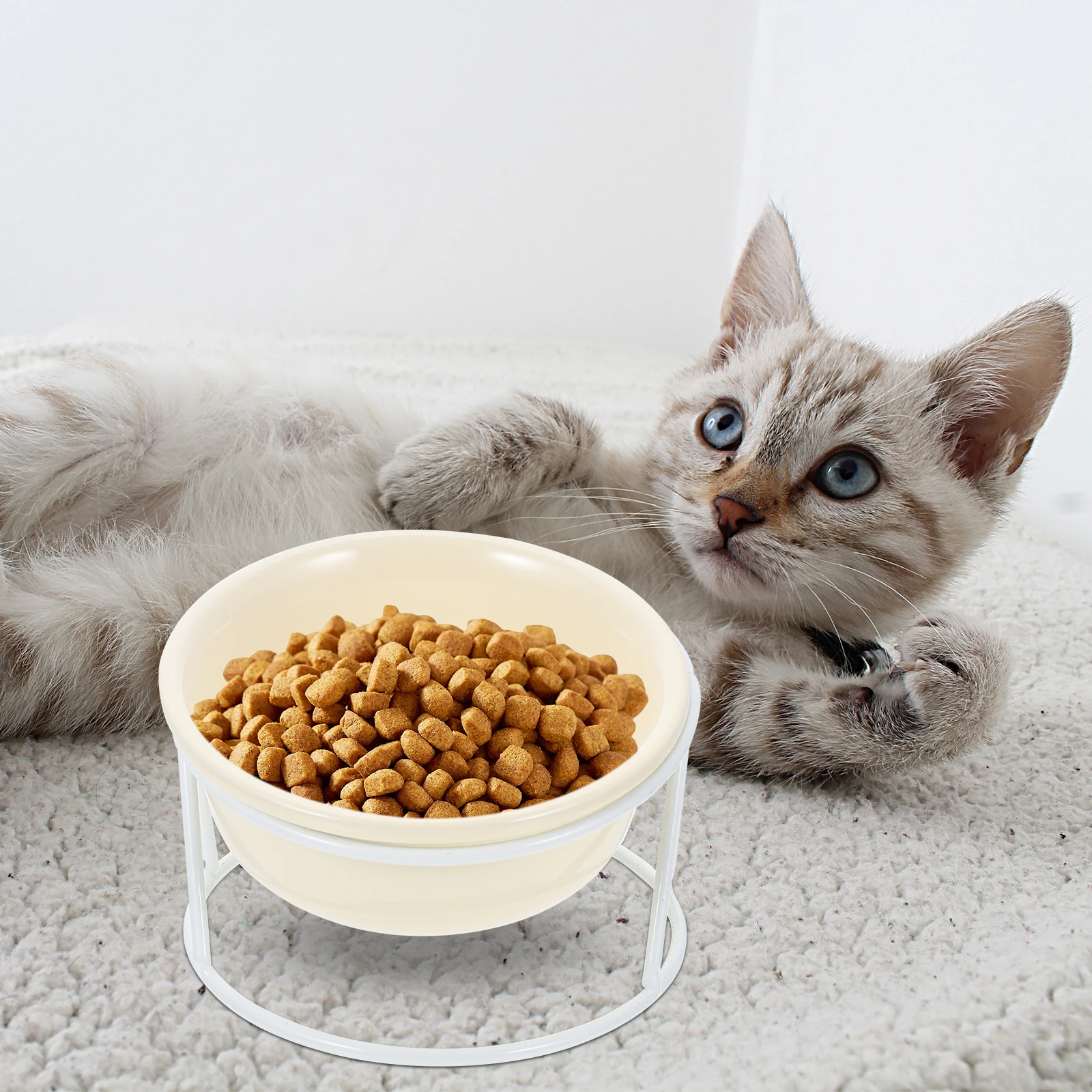 

Ceramic Cat Bowl Durable Easy Clean Pet Feeder Stable Metal Rack Beige High Base Dog Kitten Water Feeding Container Long Term