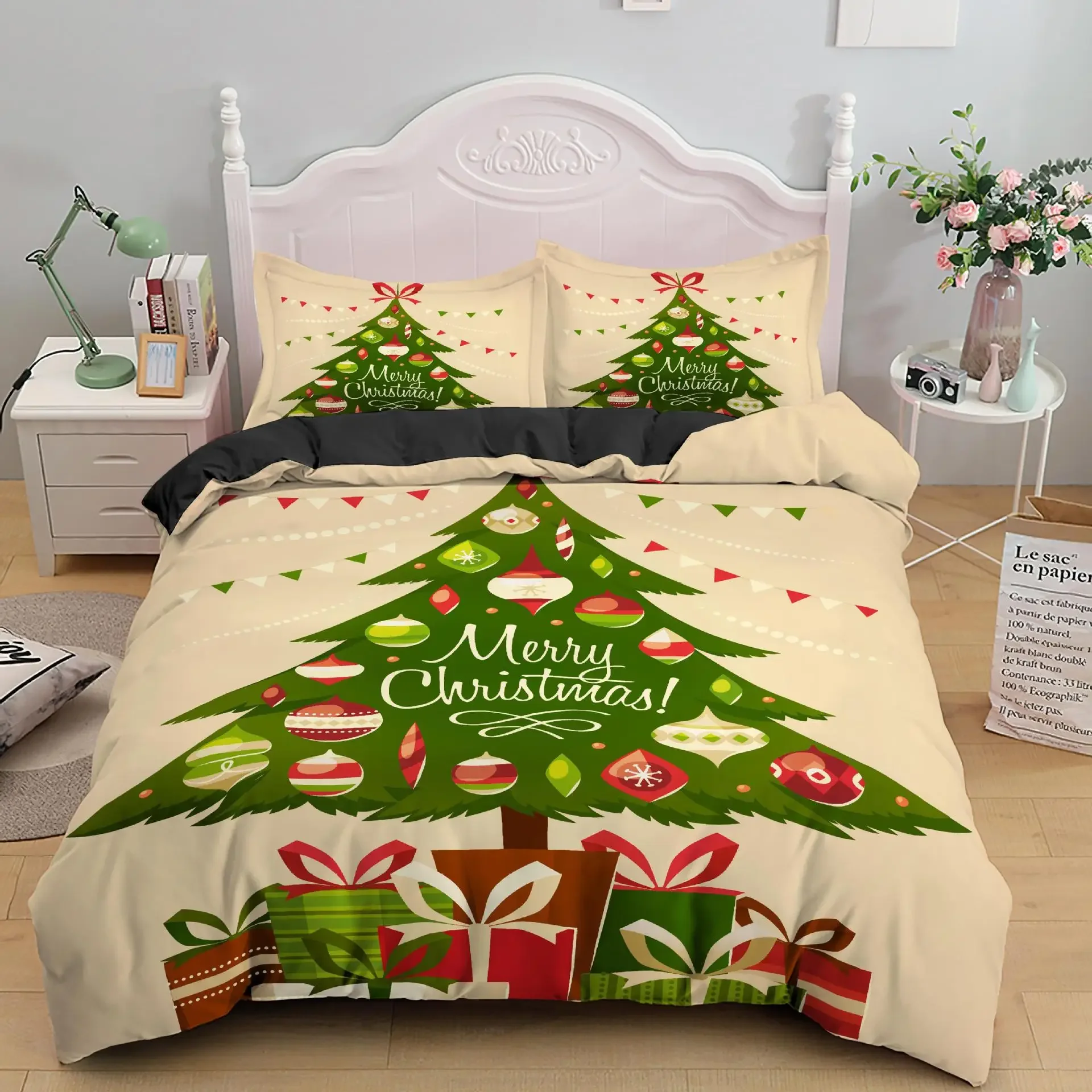 Christmas Tree Duvet Cover Set King/Queen Size,golden Glowing Stars Tree Comforter Cover for Teens Adult,black Soft Quilt Cover