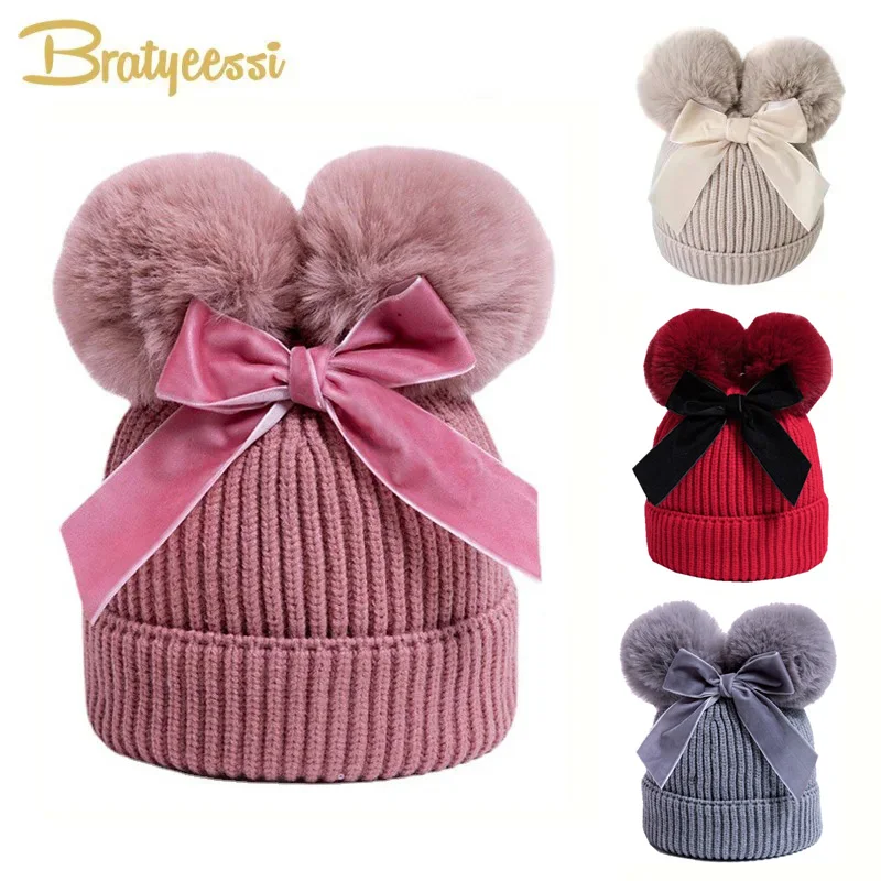 Pompom Baby Winter Hat for Girls Beanie Warm Bow Kids Cap Fur Ball Baby Girl Hat Thicken Snow Children Knitted Hats 6-36M