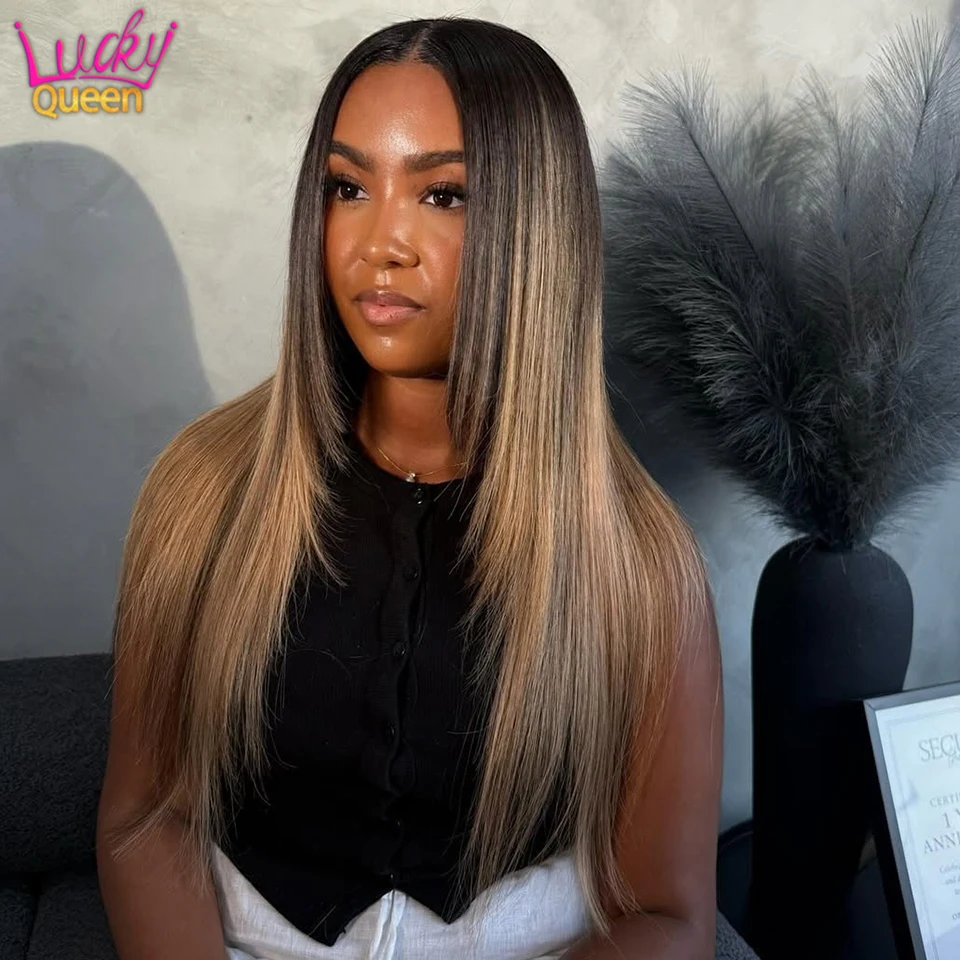 Dark Root Blonde Straight Ombre Human Hair 32Inch 180 Density Pre Plucked Frontal Wigs Brazilian 7X5 Glueless Transparent Lace