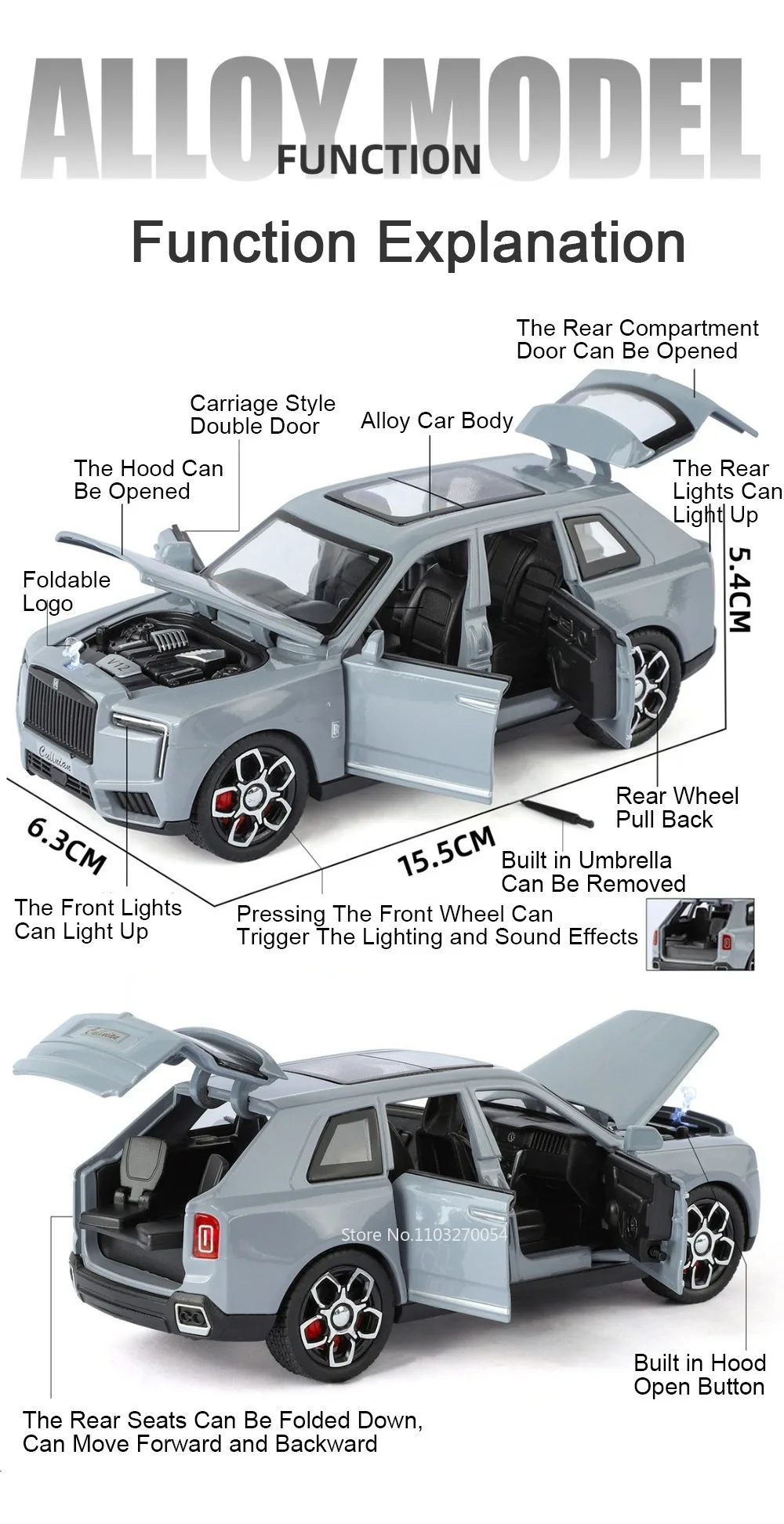 1:32 Rolls-Royce Cullinan Dawn Modell Spielzeug Druckguss Legierung Auto Sound Licht Zurückziehen Türen Geöffnet Miniatur Autos Simulation Ornament – Detail 4