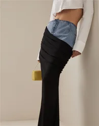 DSMTRC High Street Low-waisted Denim Skirt Women's Fake Two-piece Illusion Black Ruffled Splicing Design Sensibility Long Skirt