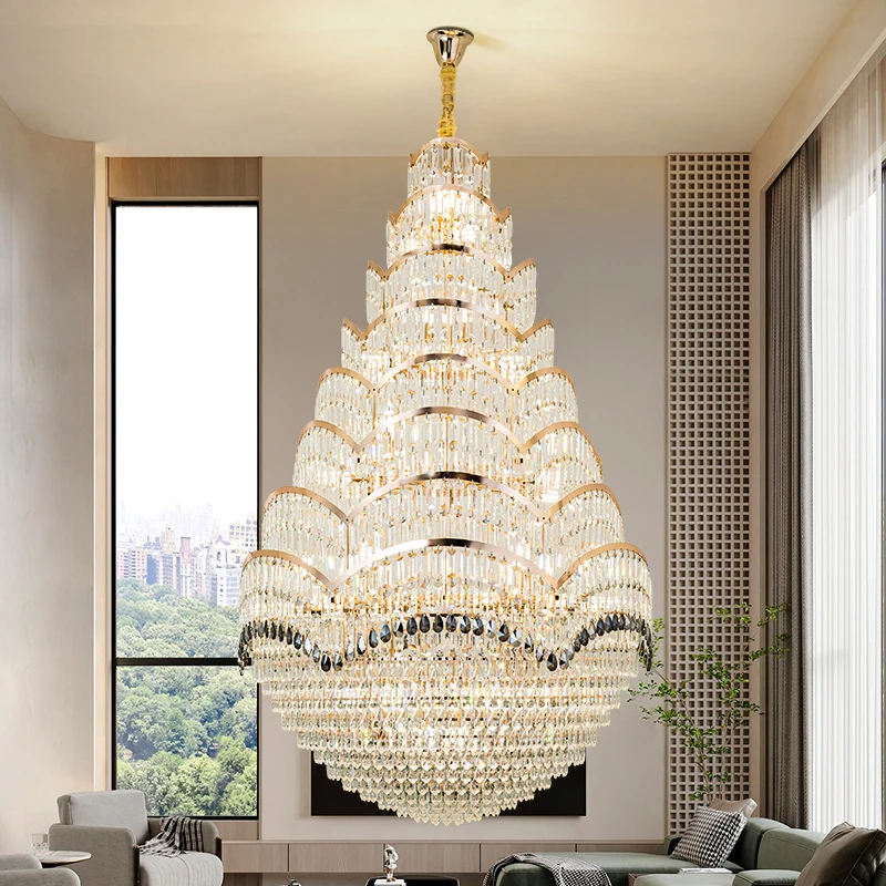 Multi-Layer Crystal Chandelier, Large Stairecase Pendant Light, Elegant High-Ceiling Living Room Lighting Luxury Decor Lamp