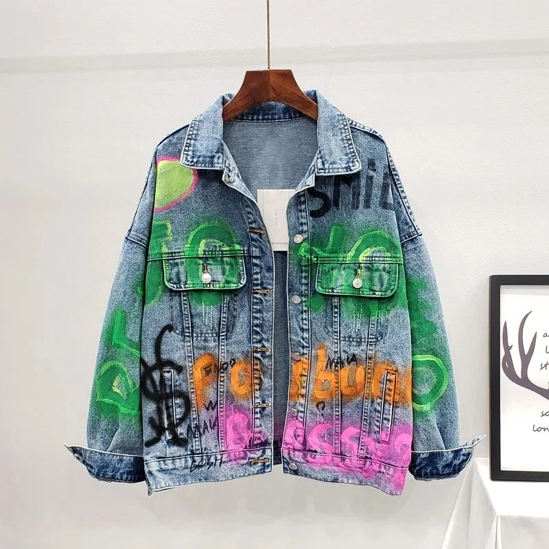 Streetwear Fashion Letters Graffiti Print Denim Jacket Women Cowboy Outwear Chaqueta Mujer Casual Big Pocket Jeans Jacket Female