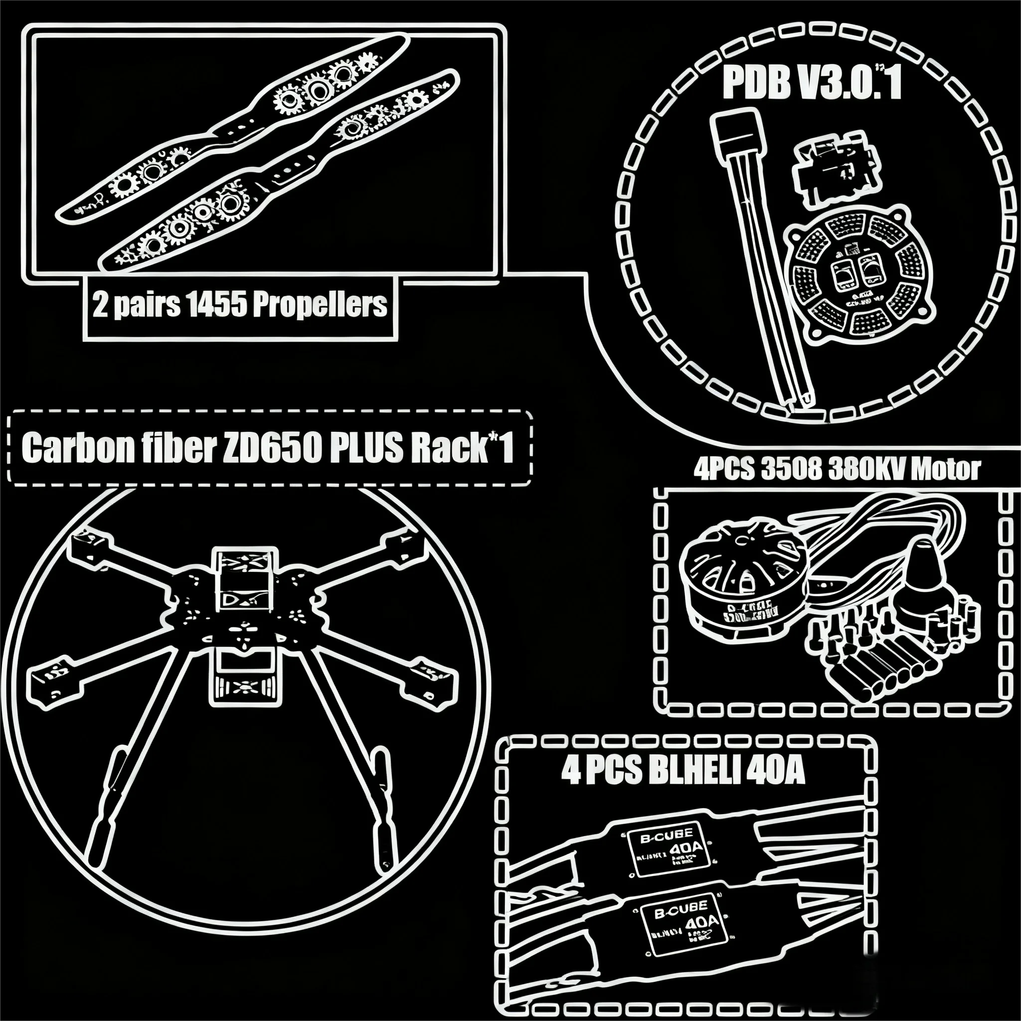 

B-CUBE ZD650 PLUS 650mm Ardupilot Pixhawk Carbon fiber Quadcopter Frame FPV Quad with Carbon Fiber Landing Skid Motor ESC 40A