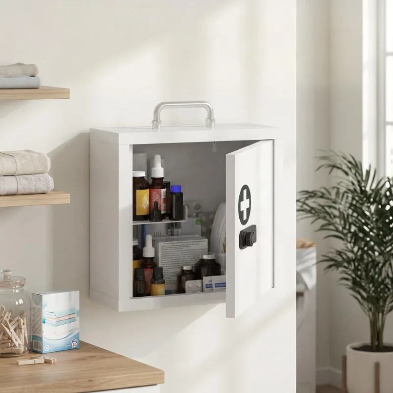 Armoire médicale murale en acier inoxydable 30x14x30 cm blanche avec serrure à code, deux niveaux de rangement pour petits accessoires et flacons, design compact pour salle de bain et logement, réutilisable.
