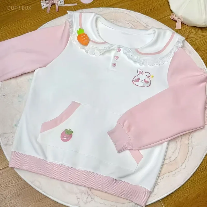 Cute Japanese Sailor Collar Preppy Style All Match Girl Shirt Y2k Constrast Color Long Sleeve Autumn Pullover Print Sweet Hooded