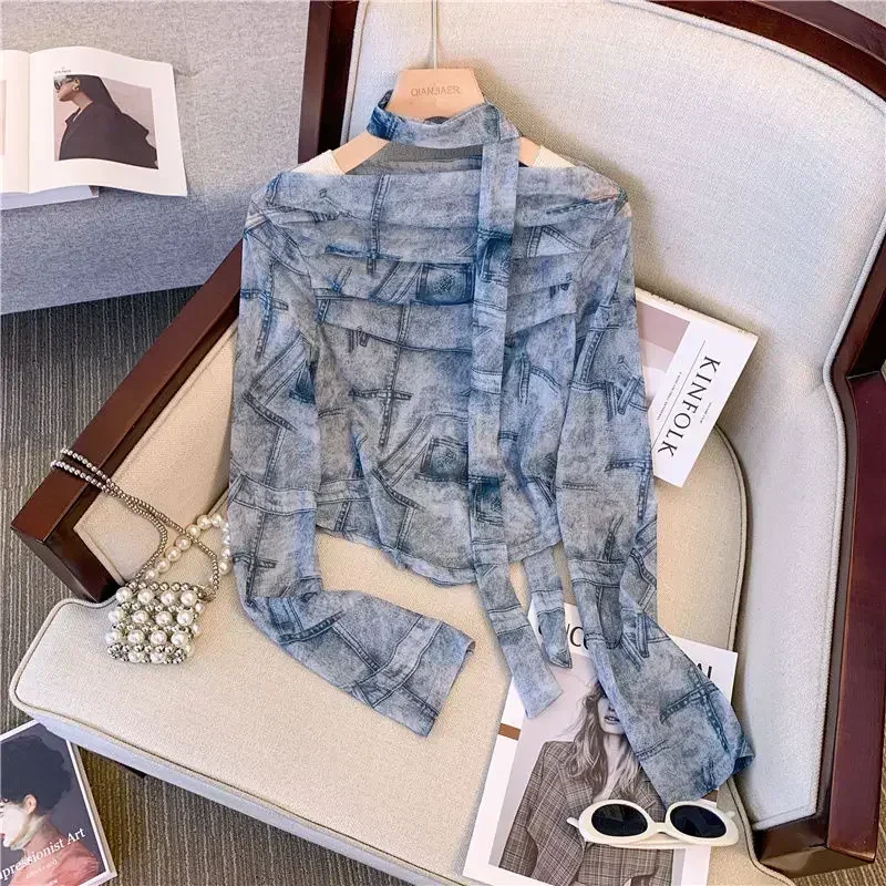 

Mesh Tie-Dye Slash Neck T Shirt Women Summer French Elegant Irregular Folds Cropped Tops Fashion Slim Long Sleeve Print Tees