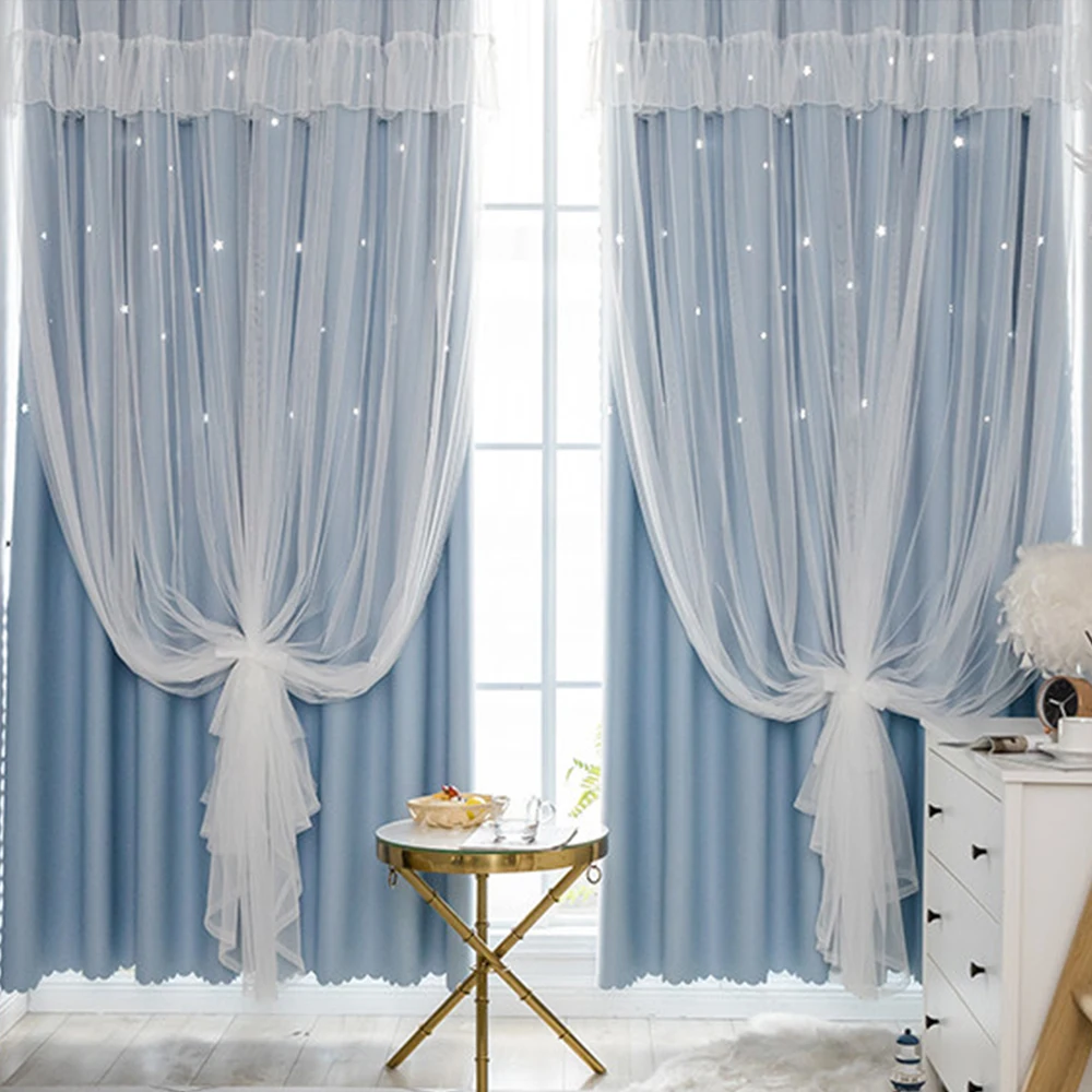 Star Pattern Hollow Out Curtain, Dual Layer Thickened, High Light Blocking, Princess Lace Sheer Curtains for Bedroom Living Room