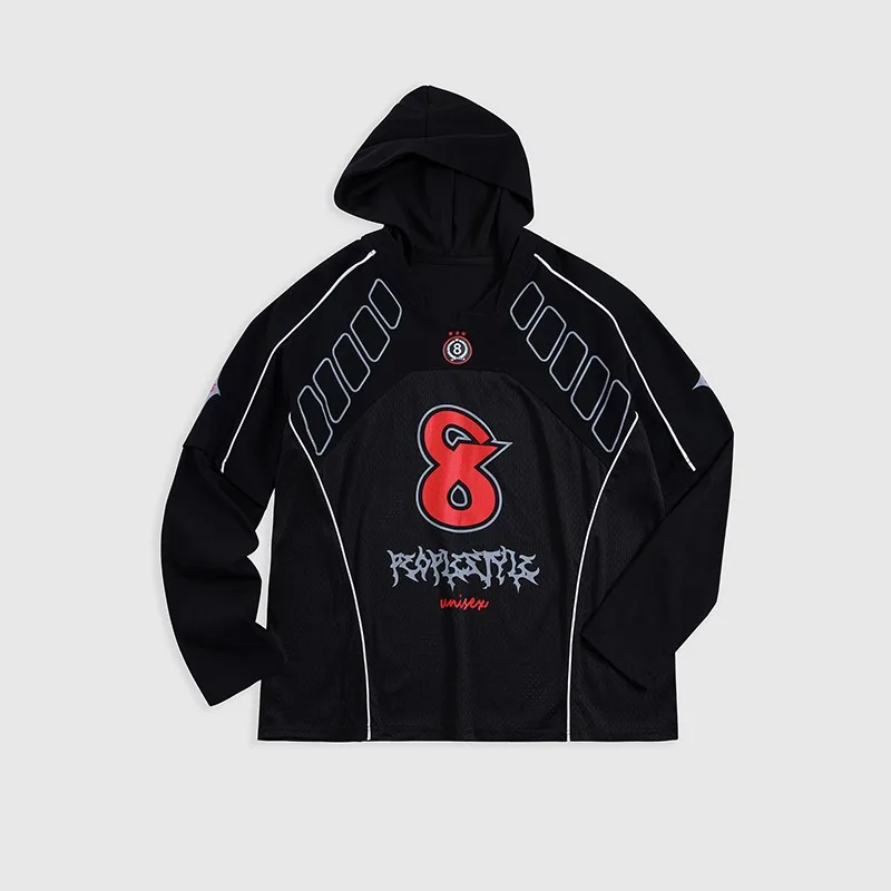 

Men's Two-Piece Layered Jersey Hooded Sweatshirts American Style Quick Dry Sport Pullovers Patchwork Motorcycle Riding Tops Men