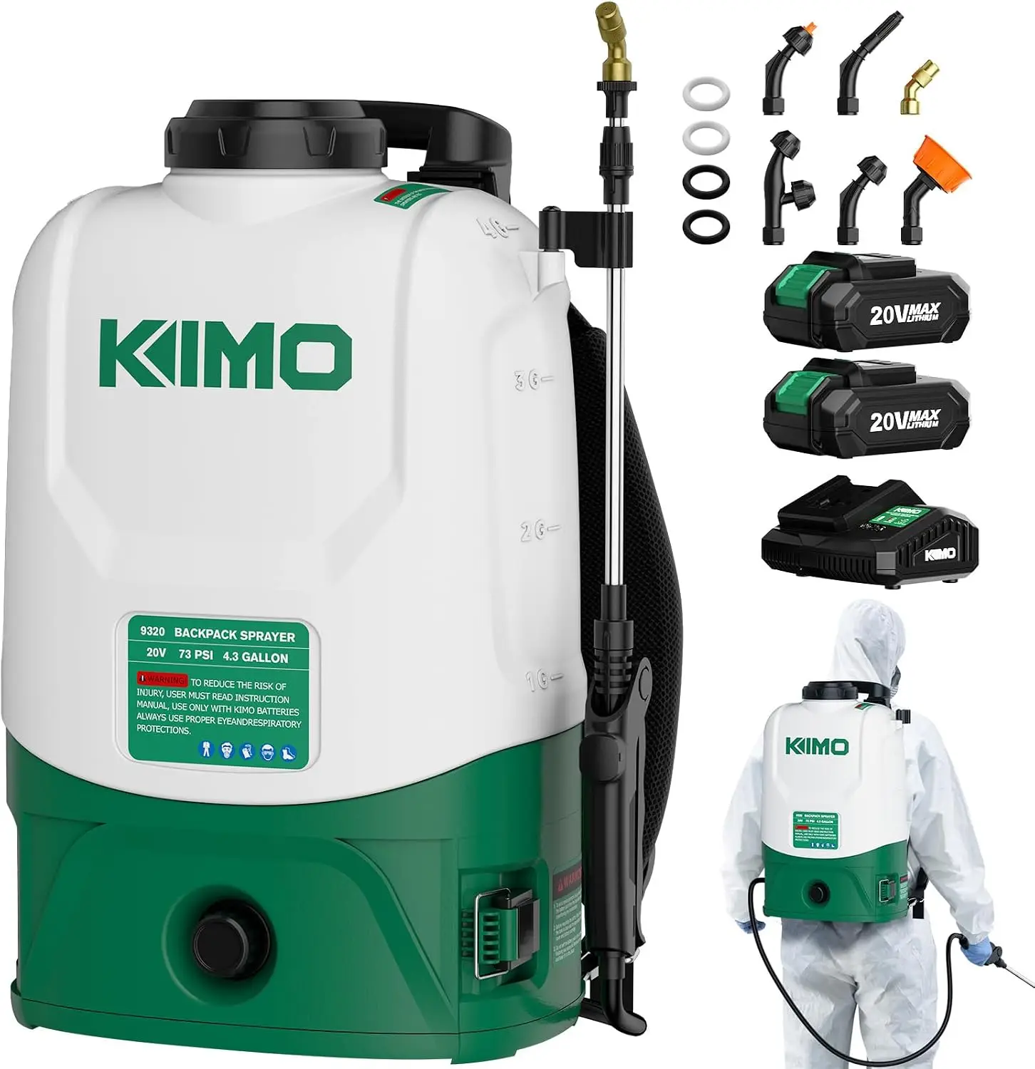 Battery-Powered Backpack Sprayer, 4.3 Gallon Capacity, Includes Two 20V 2.0Ah Batteries and 6 Nozzles