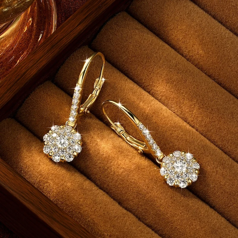 Rrjzz Exquisite D-Color Moissanite Engagement Dangle Earrings for Women Zircon Flower Leverback Drop Earrings Jewelry Gifts