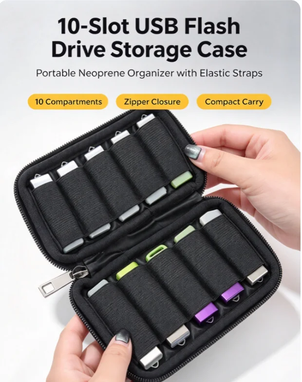 10 Slots USB Flash Drive Storage Case Neoprene Portable U Disk Holder Bag with Elastic Straps for Small Digital Accessories