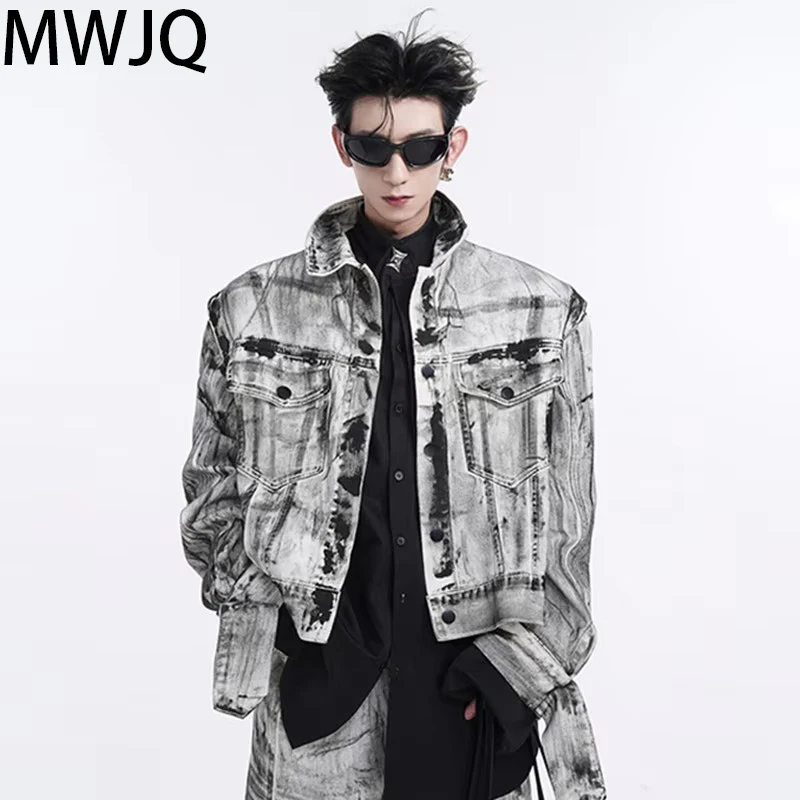 MWJQ Print Design Male Set American Denim Lapel Removable Sleeves Jacket High Street Loose Wide  Leg Pants Men's Spring 010080