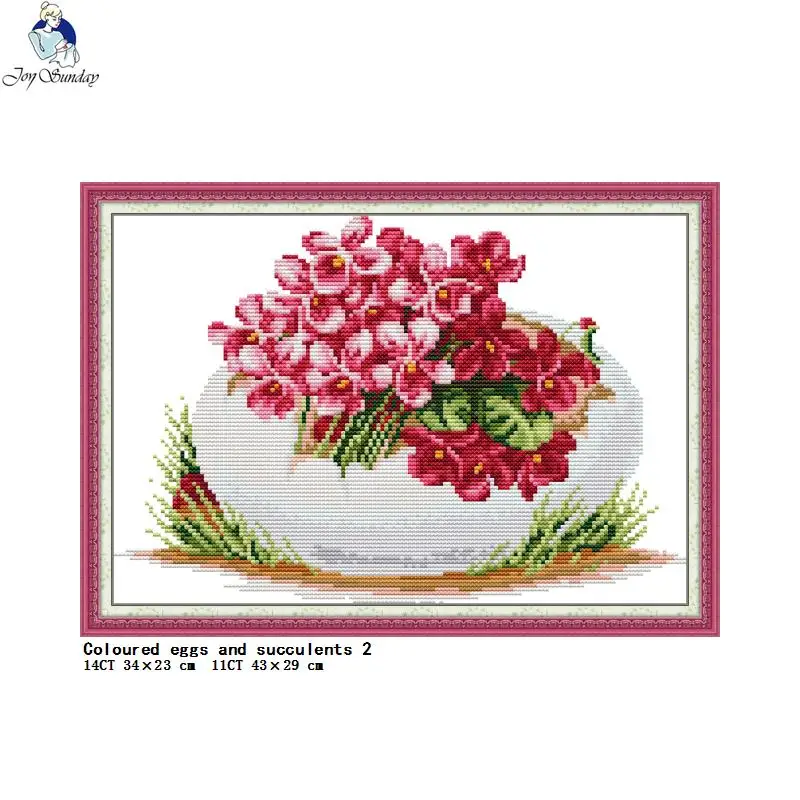 Colorful Eggs and Succulent Series Joy Sunday Flower Cross Stitch Kit Aida 14CT 11CT Count Canvas Embroidery Set Home Decoration