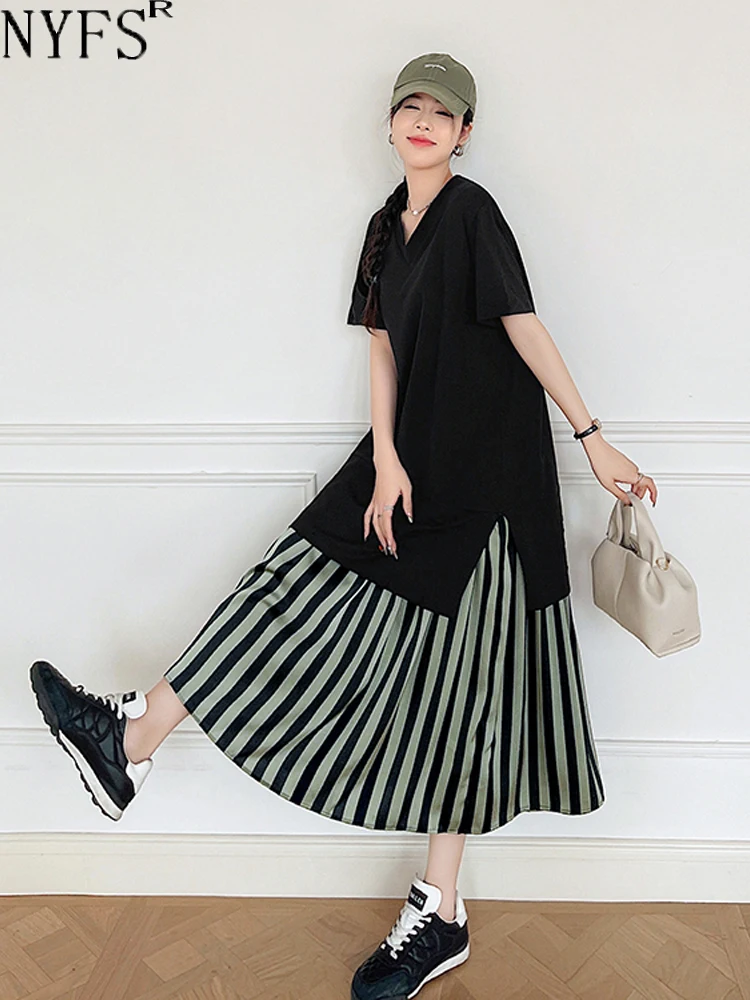 

NYFS 2024 Summer New Korea Woman Dress Vestidos Robe Elbise Loose Plus Size Striped Patchwork Short Sleeve Long Dresses